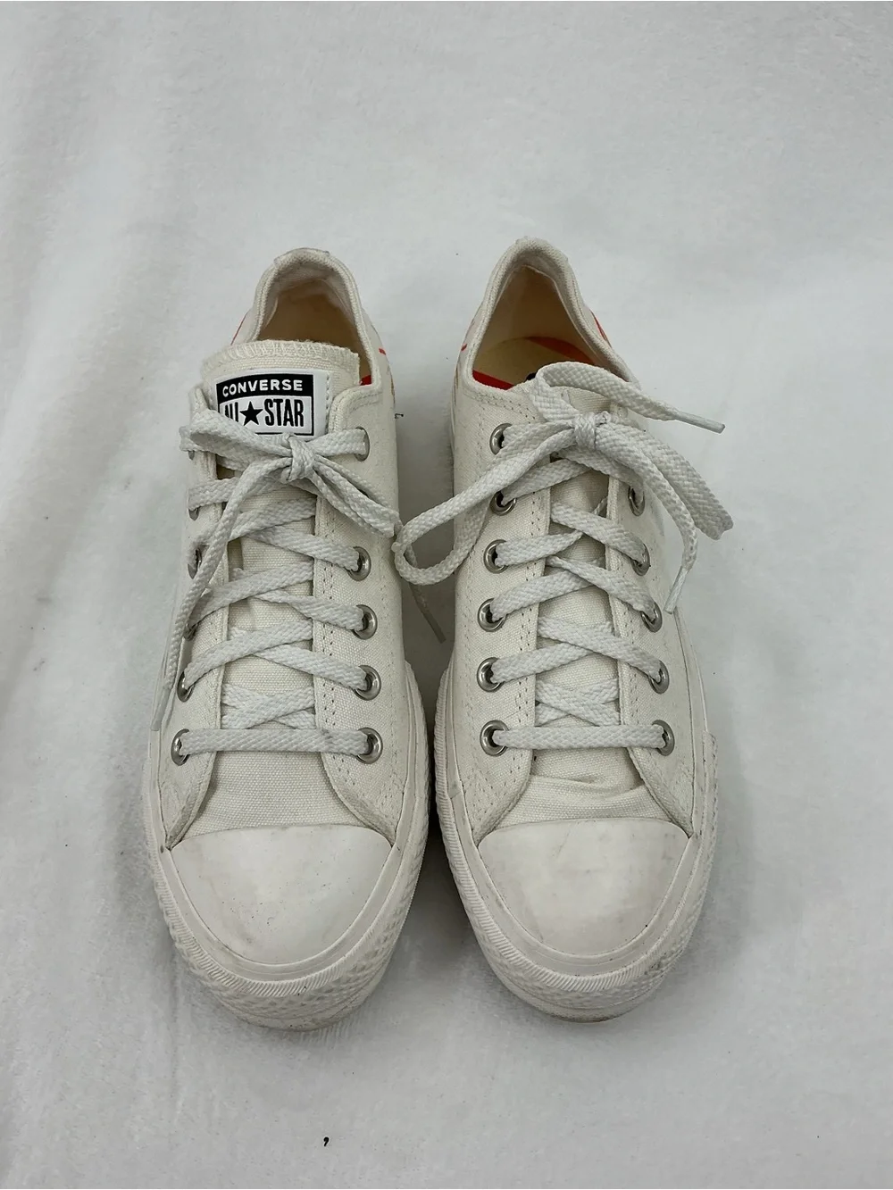 Converse Low Top Canvas Sneakers - Off-White with Red Accent B32